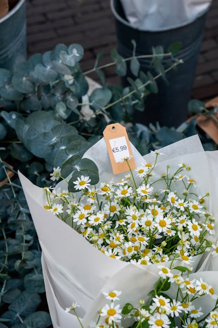 A fresh bouquet of small white daisies with yellow centers, wrapped in white paper, is displayed on a floral stand or table in an outdoor setting. The daisies have delicate petals and slender green st