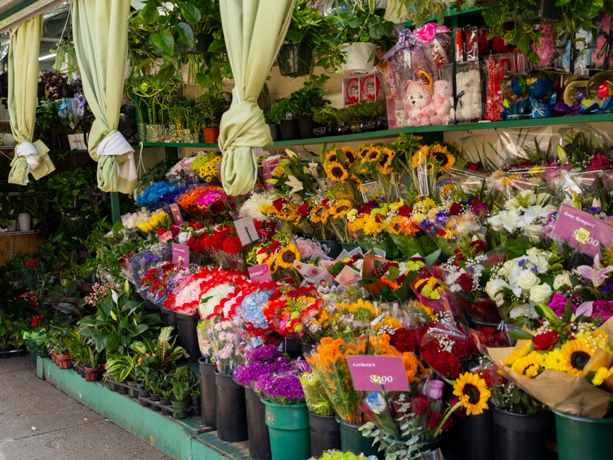 A vibrant floral display outside a flower shop showing a variety of fresh flowers arranged in bouquets and buckets. The selection includes bright yellow sunflowers, red and pink roses, purple and whit