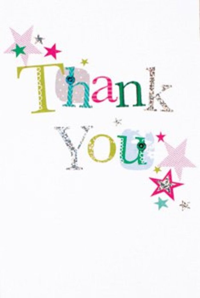 With every detail, this thank you card exudes refined exuberance, perfectly aligning with Blackwall's balance of heritage and modernity. Each letter of 'Thank You' is uniquely styled-some with flowing curves and playful polka dots, others elegantly stitched or boldly rendered in green, blue, and magenta. Clusters of stars in sparkling silver, bold turquoise, and vibrant pink gather near the cheerful message, bestowing a subtle sense of celebration akin to watching evening lights twinkle over the Limehouse Cut. The composition is spacious and fresh, the pure white backdrop offering the design a modern, sophisticated presence that complements both formal and informal gestures. The entire arrangement feels welcoming and polished-an ideal addition to any bouquet meant to convey gratitude across Blackwall, from the docks to bustling local streets. This card makes the sentiment memorable, adding warmth and colour that elevate both the moment and the message.